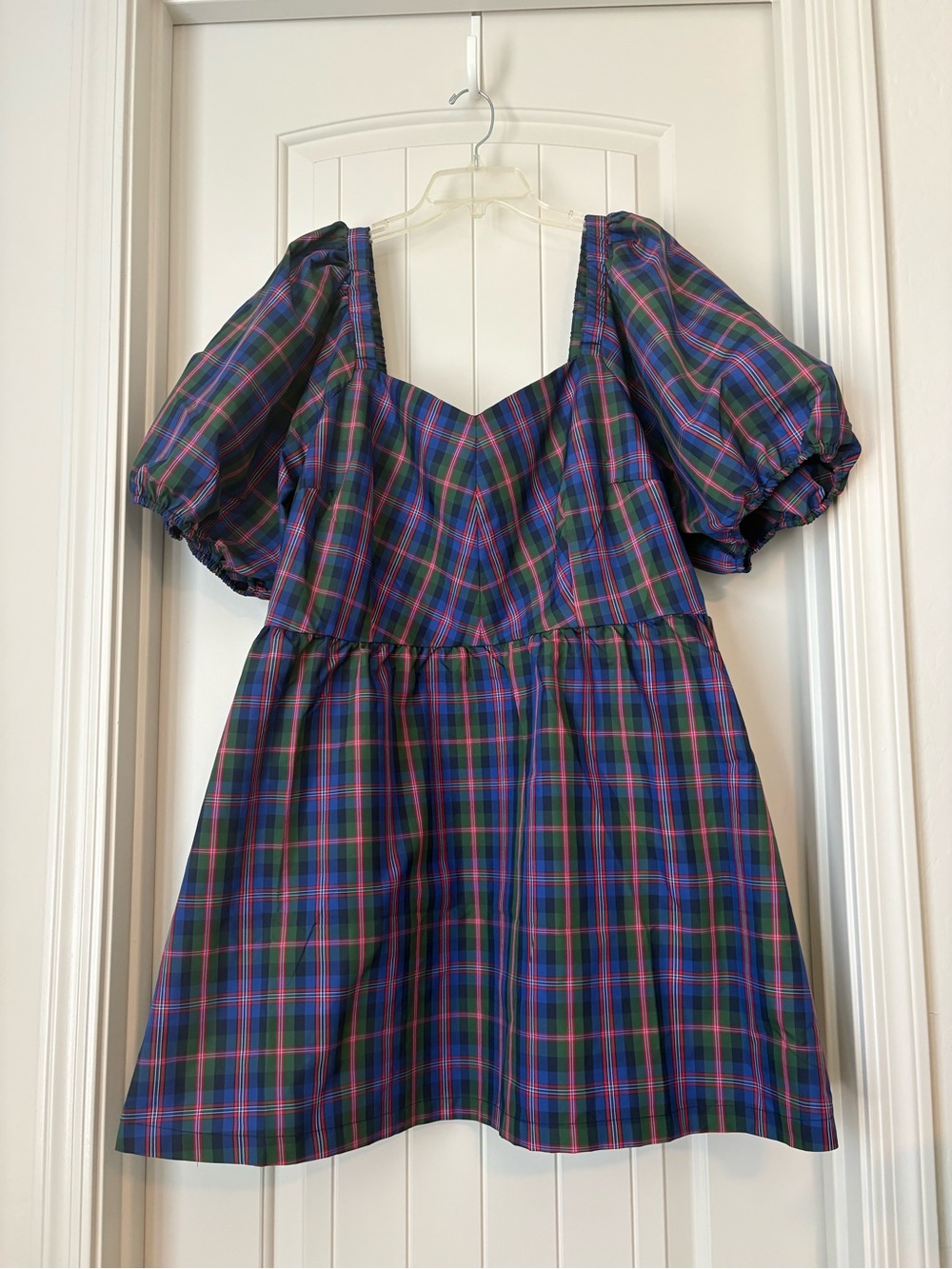 Old Navy Blue & Green Plaid Puff-Sleeve Casual Dress